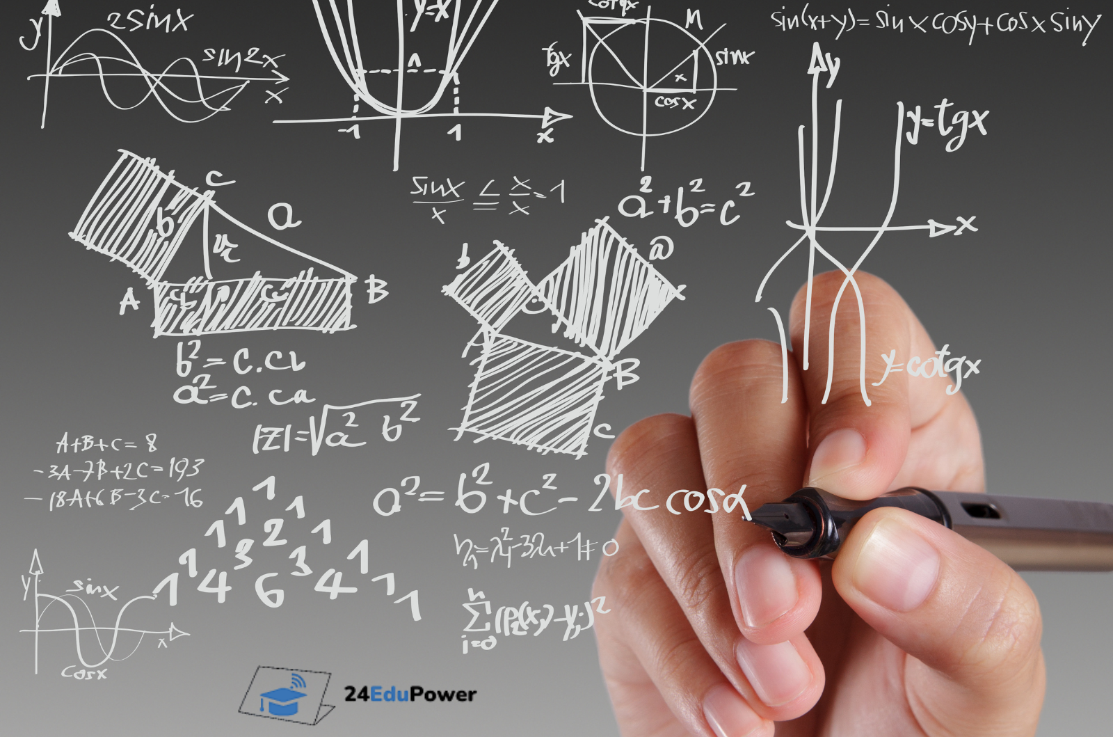 Ręka pisząca wzory matematyczne na przezroczystej tablicy – funkcje trygonometryczne, parabole, twierdzenie Pitagorasa. Obraz promuje obowiązkową maturę z matematyki. Logo 24EduPower w lewym dolnym rogu.