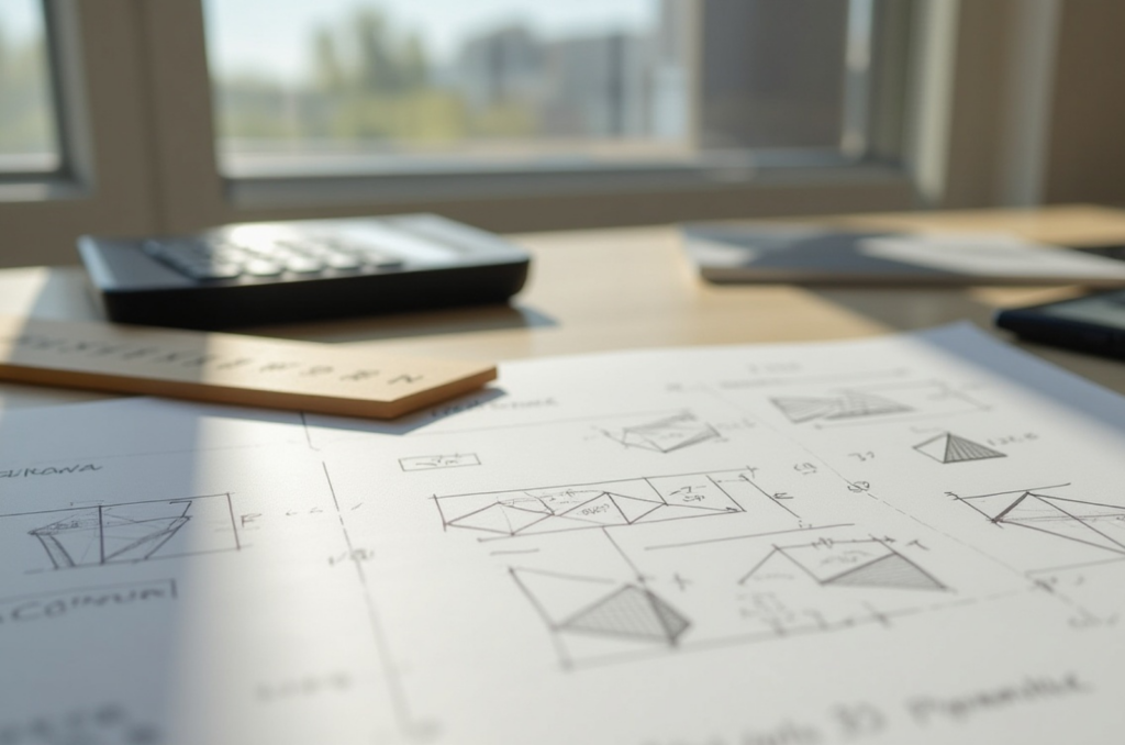 Biurko ucznia z otwartym zeszytem do matematyki, rysunkami brył 3D (ostrosłup i stożek), kalkulatorem i przyborami geometrycznymi w świetle dziennym.