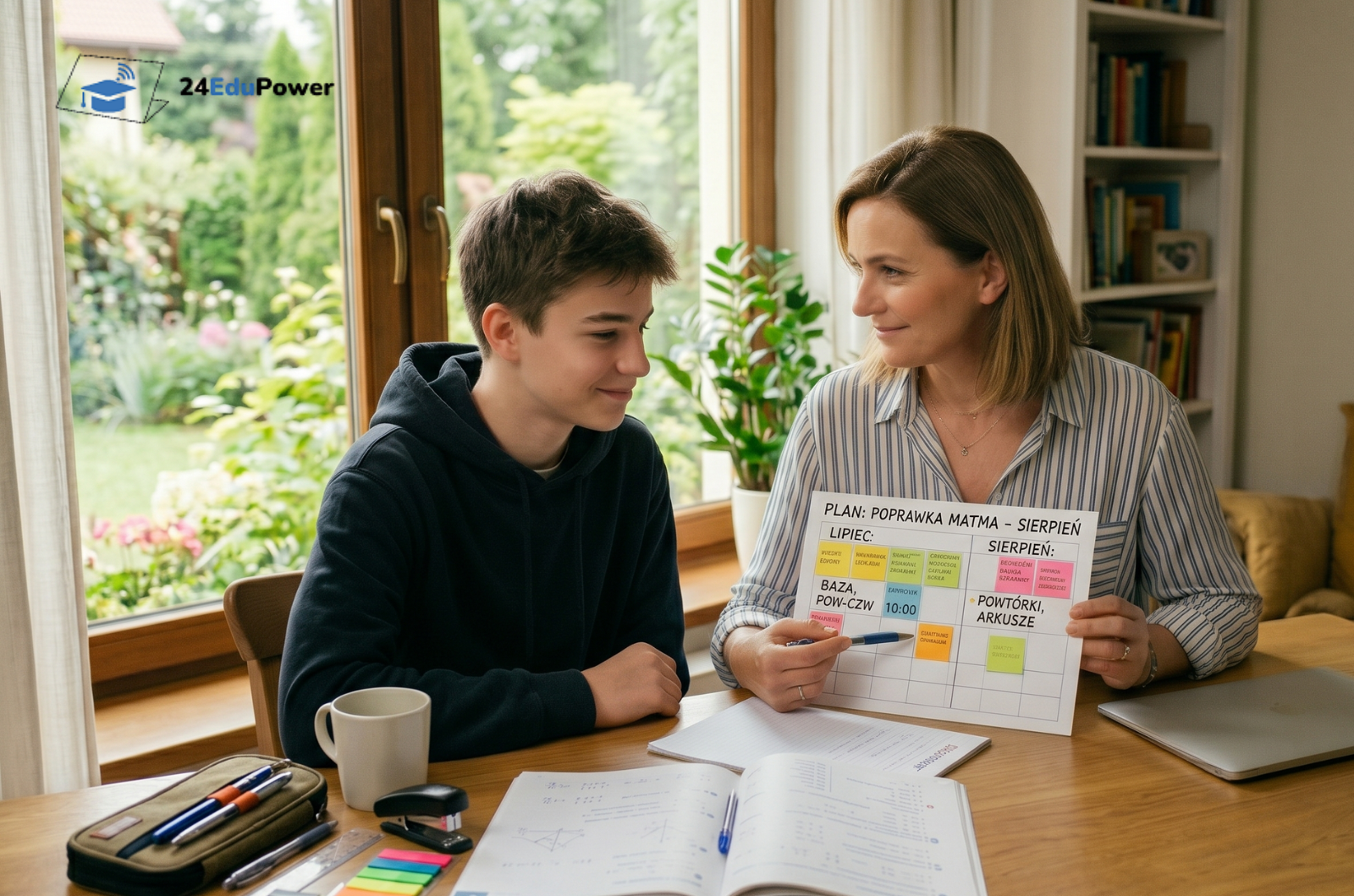 Mama i syn planują naukę do poprawki z matematyki w sierpniu z 24EduPower