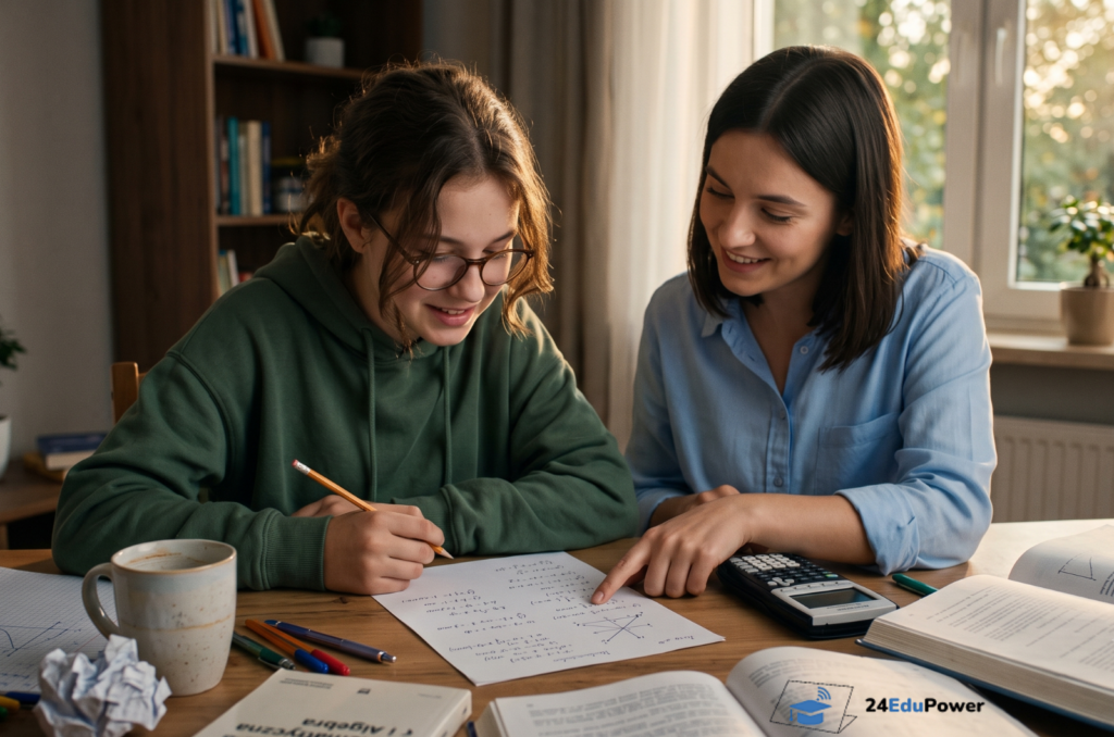 Nastolatka i uśmiechnięta nauczycielka przy biurku z książkami do matematyki. Pokazuje moment olśnienia przy zadaniu. Jak pomóc dziecku w nauce przedmiotów ścisłych. Korepetycje online 24EduPower
