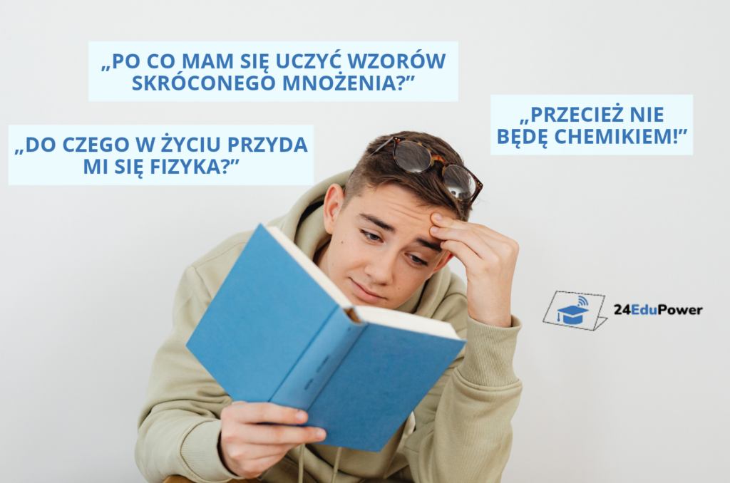 Nastolatek zastanawiający się, do czego przyda mu się nauka matematyki, fizyki i chemii w życiu